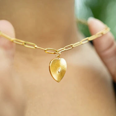 18K Gold PVD Stainless Steel Sunburst CZ Heart Paperclip Pendant Necklace