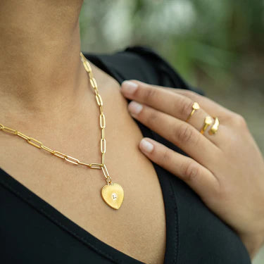 18K Gold PVD Stainless Steel Sunburst CZ Heart Paperclip Pendant Necklace