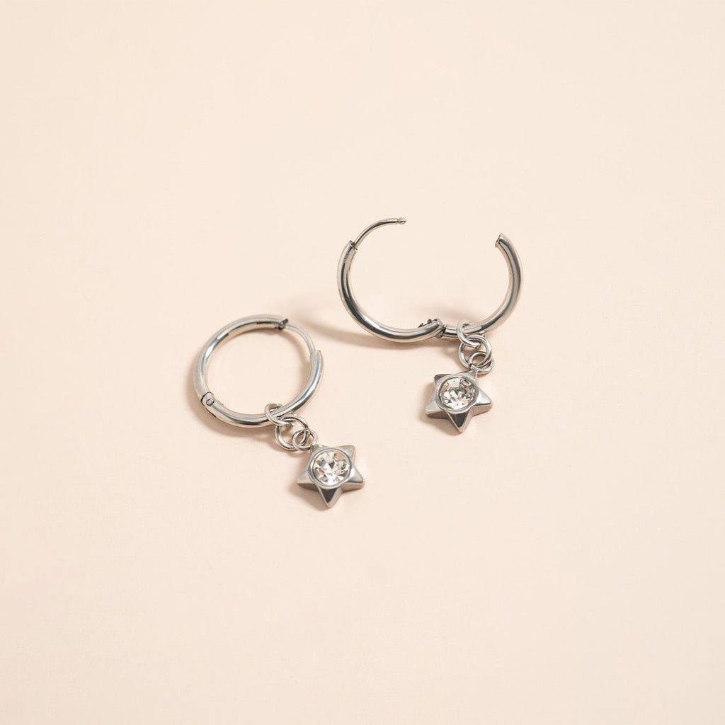 18K Gold Huggie Earrings – Celestial CZ Star Pendant | Hypoallergenic Stainless Steel Hoops