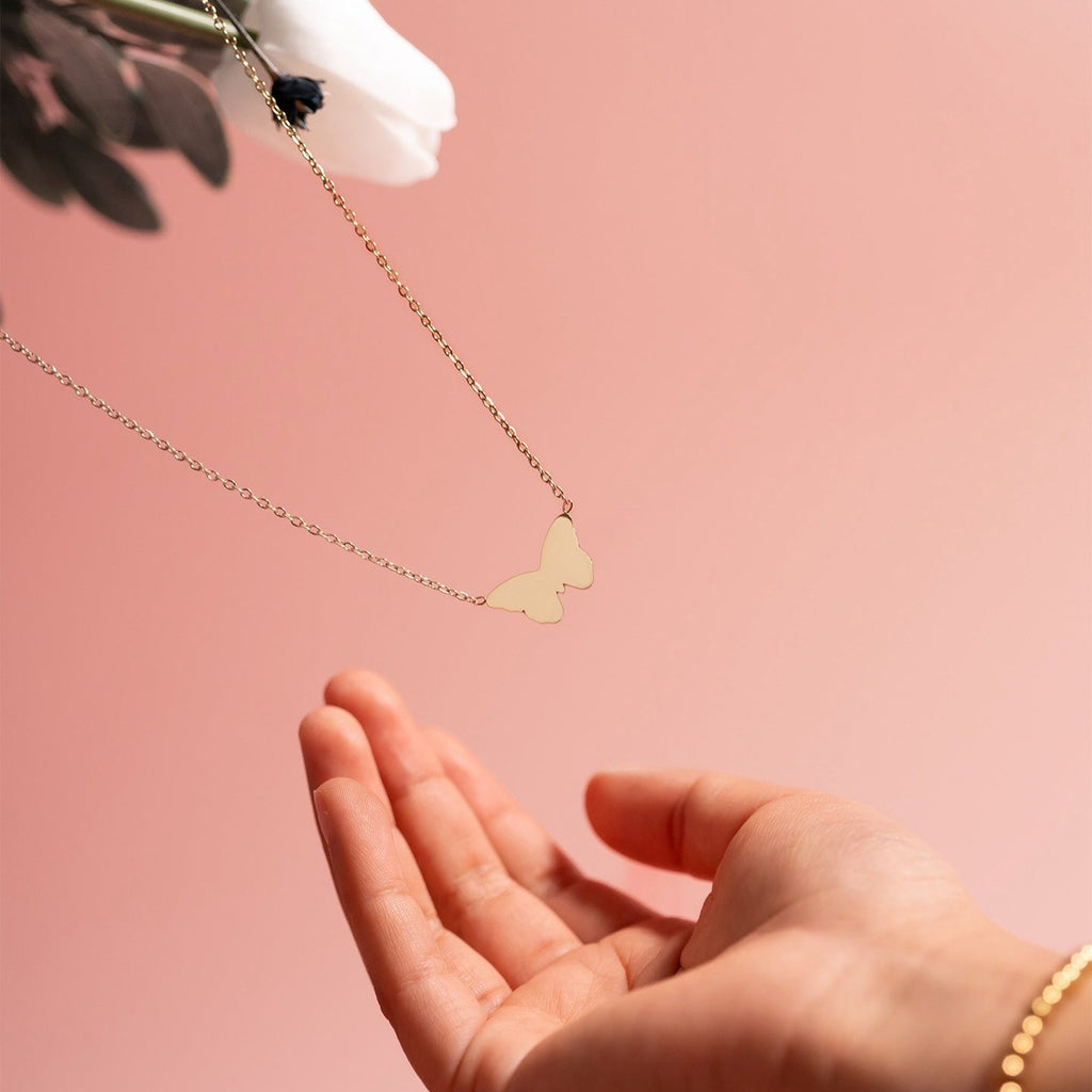 18K Gold Butterfly Necklace – Hypoallergenic Stainless Steel Engraved Pendant