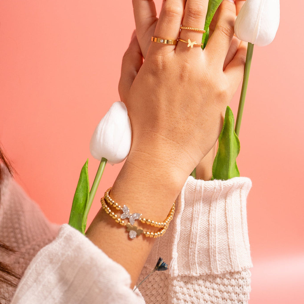 Gold Beaded Bracelet – Adjustable Stretch With Butterfly Charm | Stainless Steel Jewelry