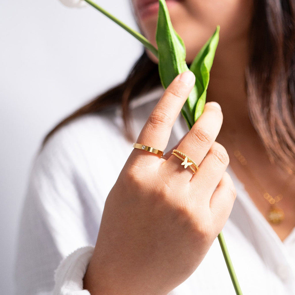 Birthstone Stacking Ring – 18K Gold PVD Stainless Steel Engraved Personalized Band