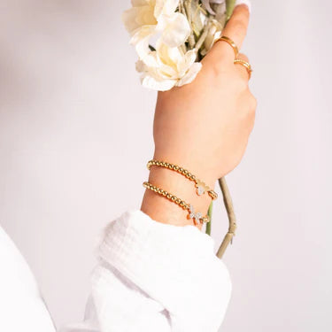 18K Gold PVD Stainless Steel Stone Bee Metal Beaded Stretch Bracelet