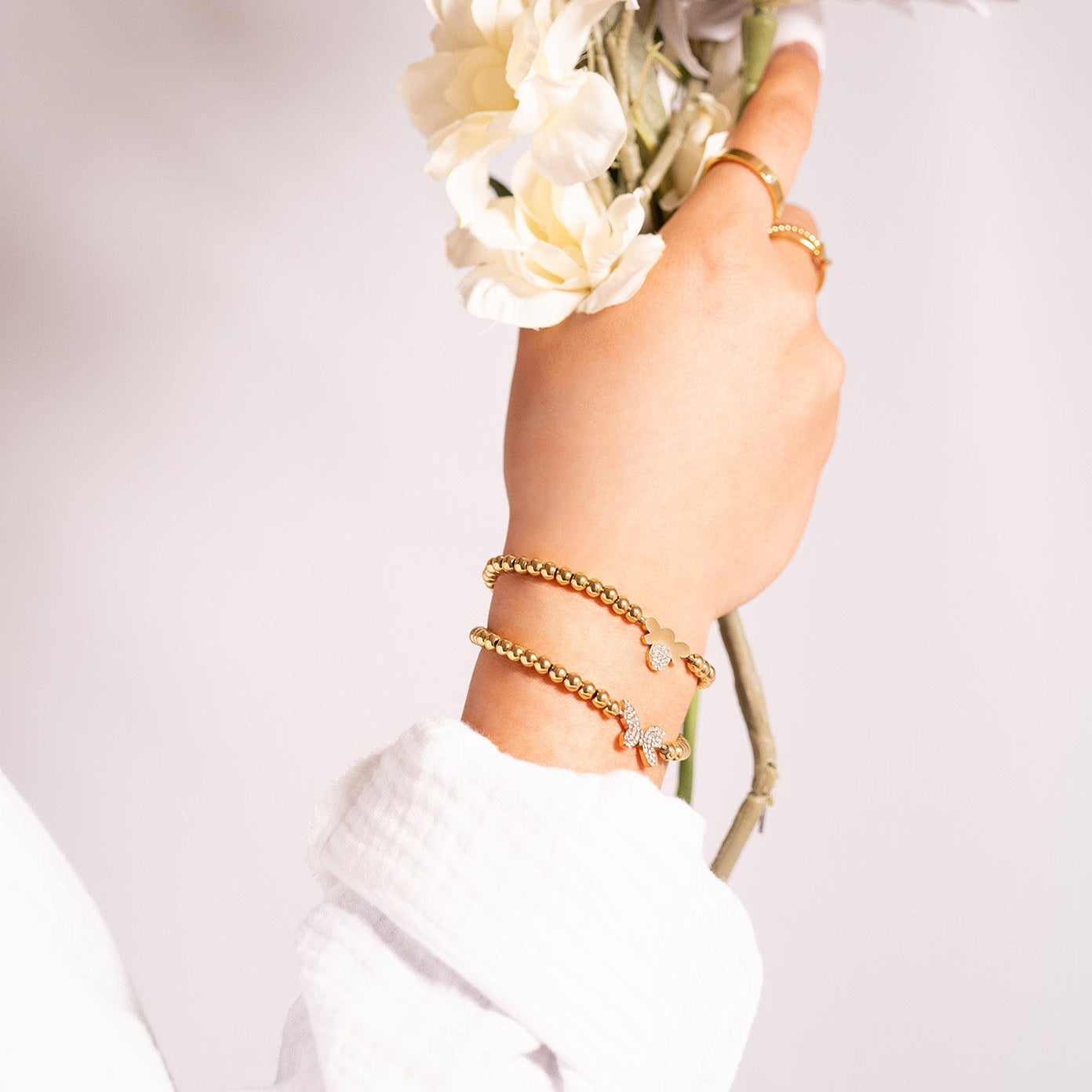 Gold Beaded Bracelet – Adjustable Stretch With Butterfly Charm | Stainless Steel Jewelry