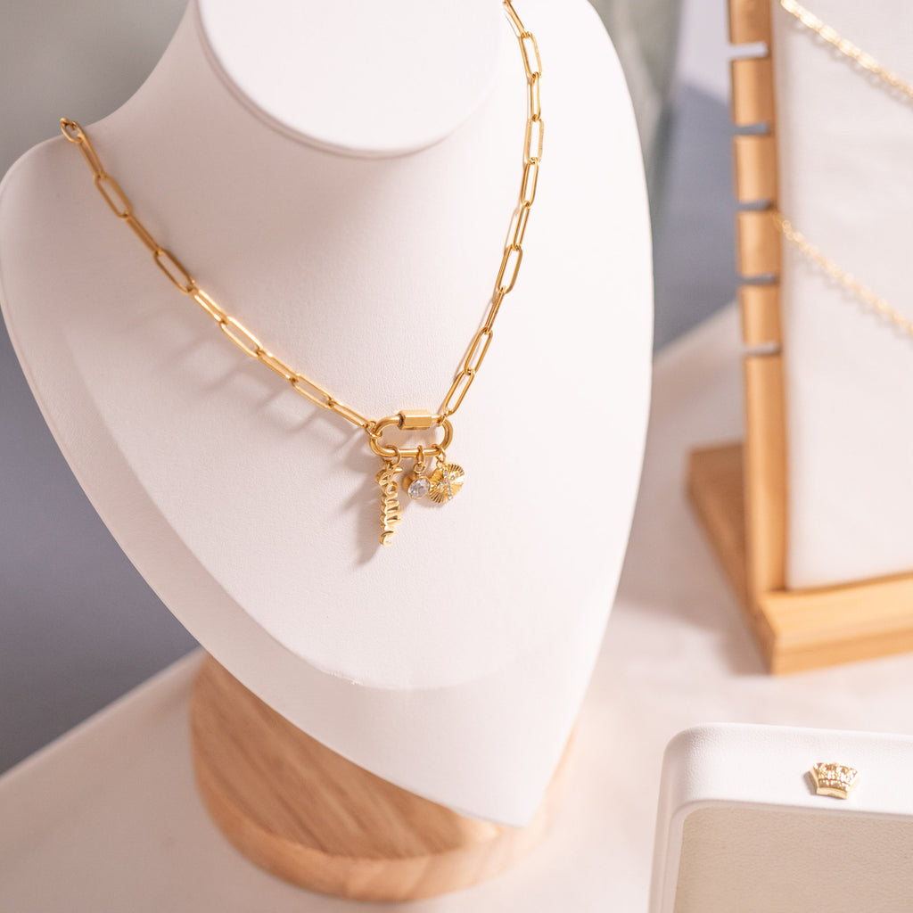 Carabiner Charm Necklace – 18K Gold Paperclip Chain With Sunburst Cross Pendant