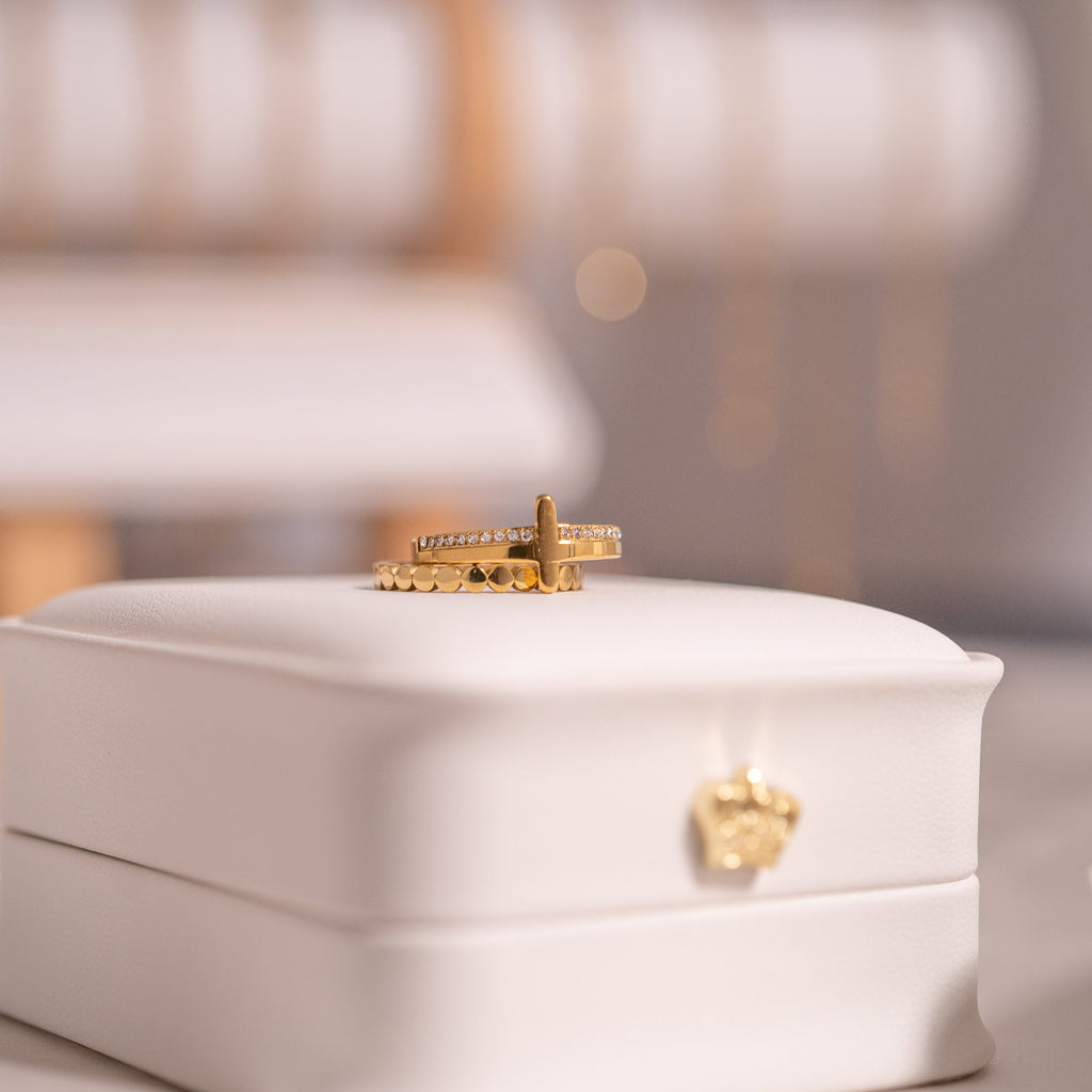 Gold Stacking Ring – 18K Gold Plated Cross With CZ Stones & Engraved Message