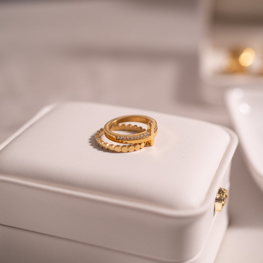 Gold Stacking Ring – 18K Gold Plated Cross With CZ Stones & Engraved Message