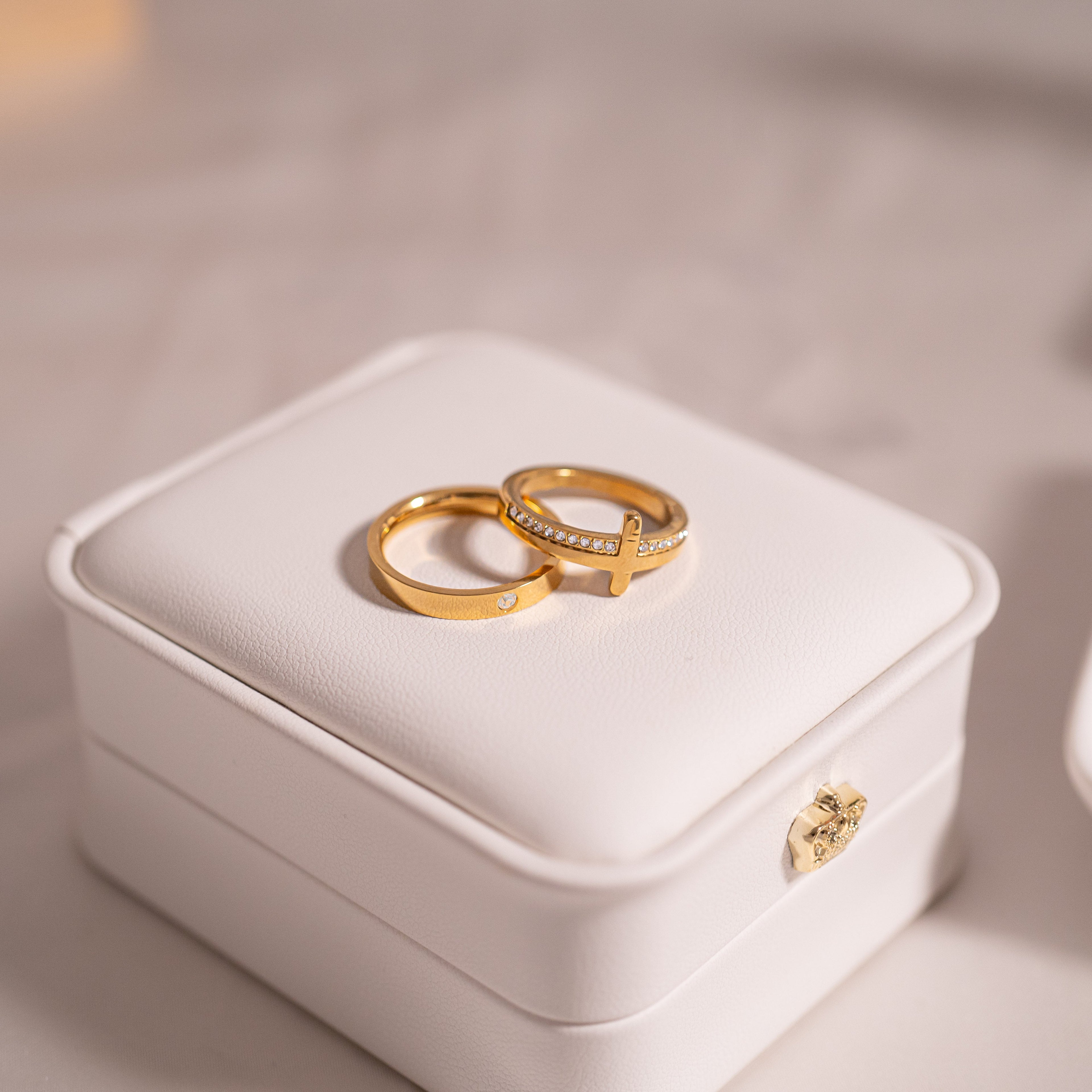 Gold Stacking Ring – 18K Gold Plated Cross With CZ Stones & Engraved Message
