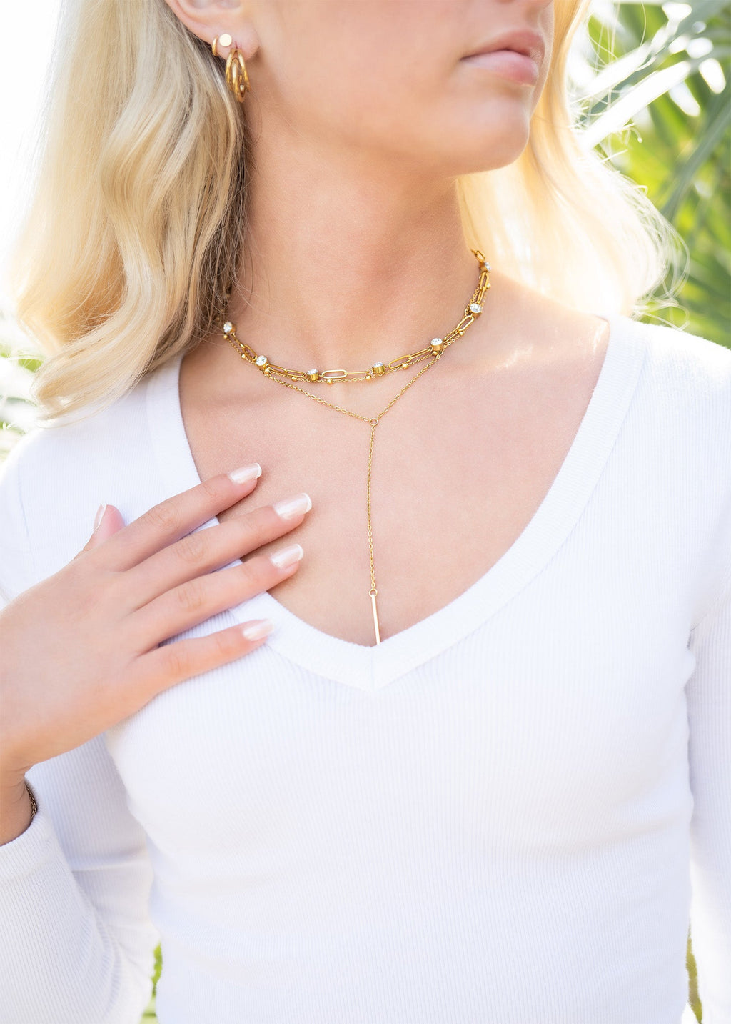 Double Chain Lariat Drop Bar Necklace Lifestyle