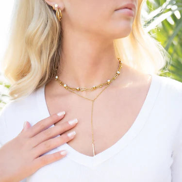 18K Gold PVD Stainless Steel Pearl Paperclip Chain Necklace