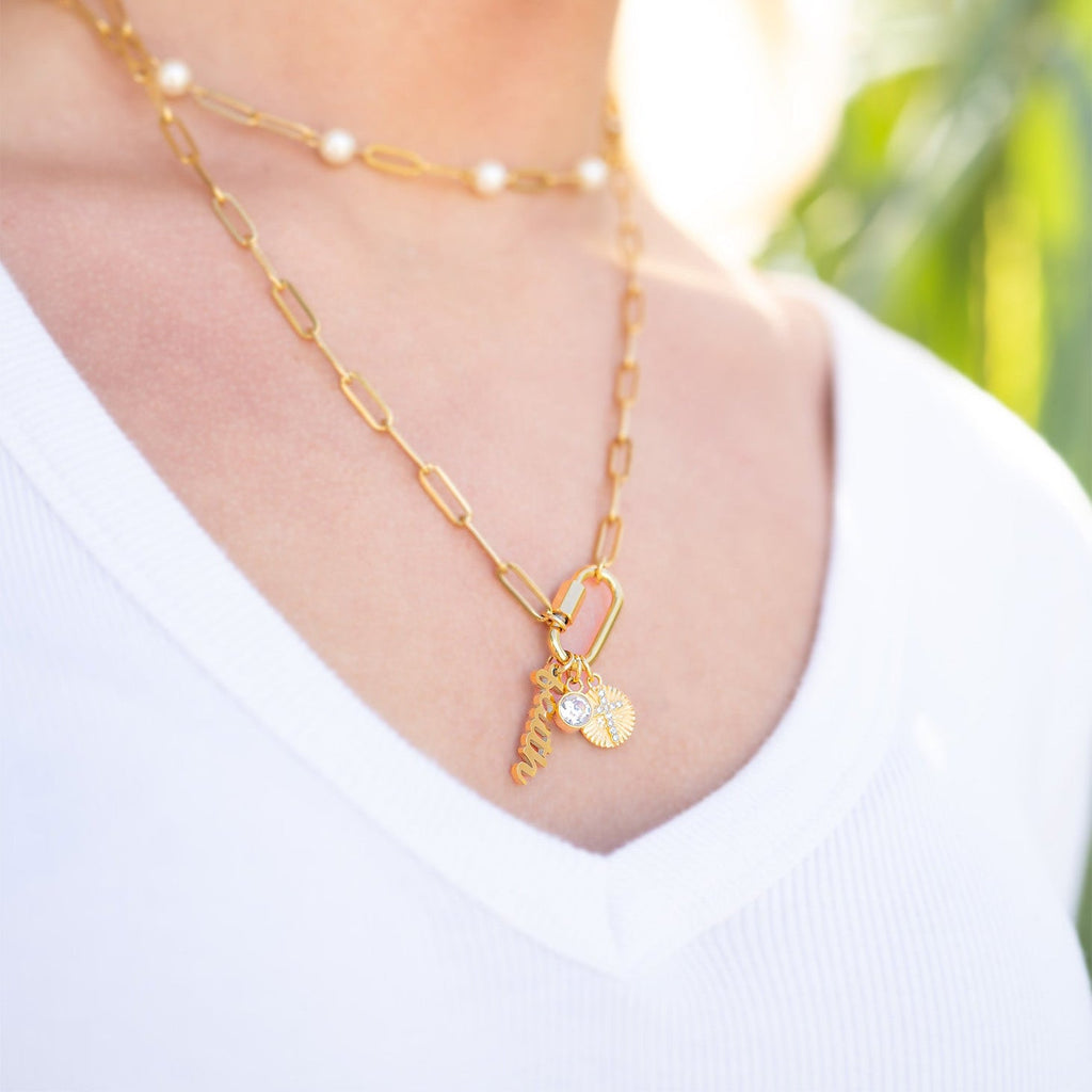 Carabiner Charm Necklace – 18K Gold Paperclip Chain With Sunburst Cross Pendant