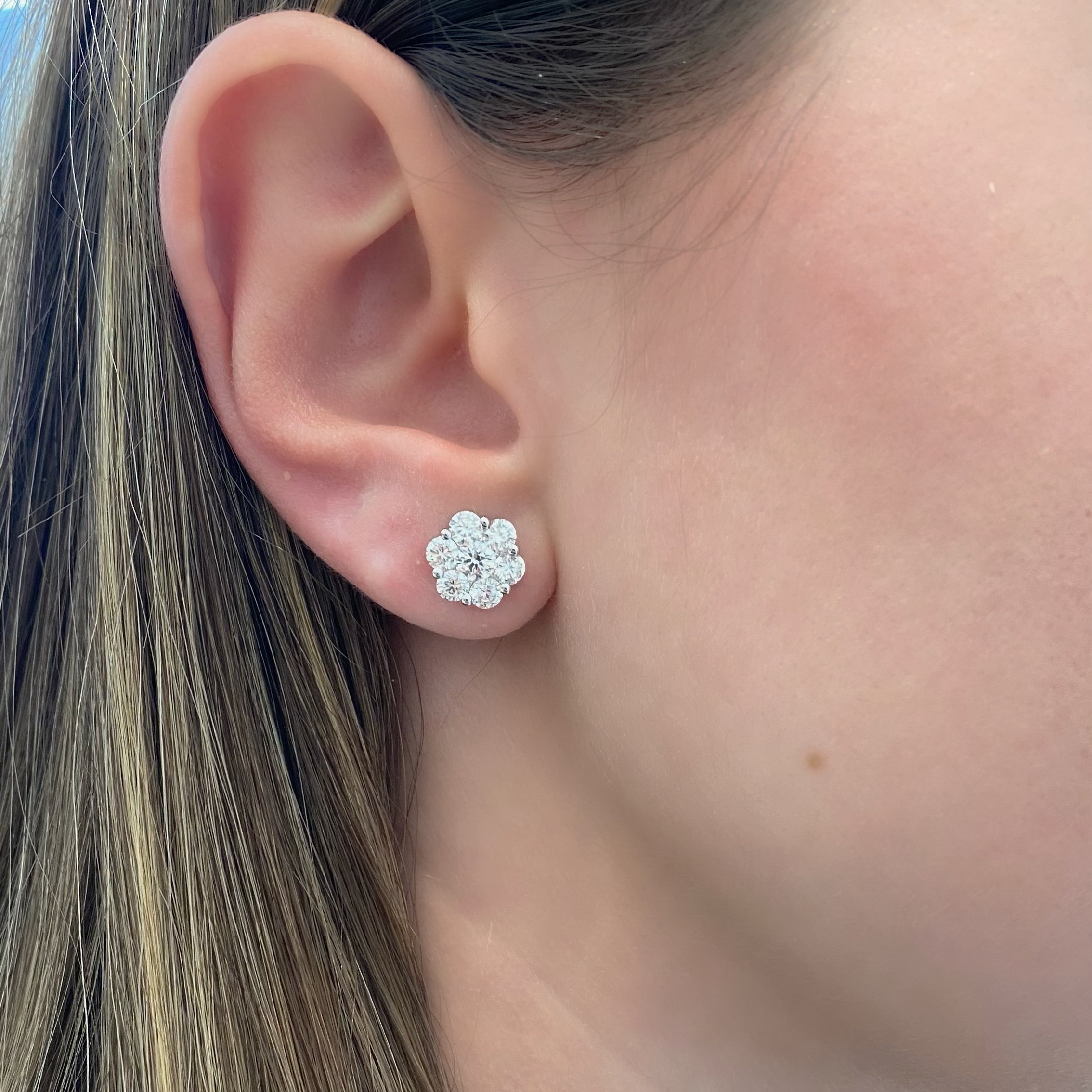 Lab Diamond Stud Earrings – 2 Carat Floral Cluster Design | 14kt White Gold