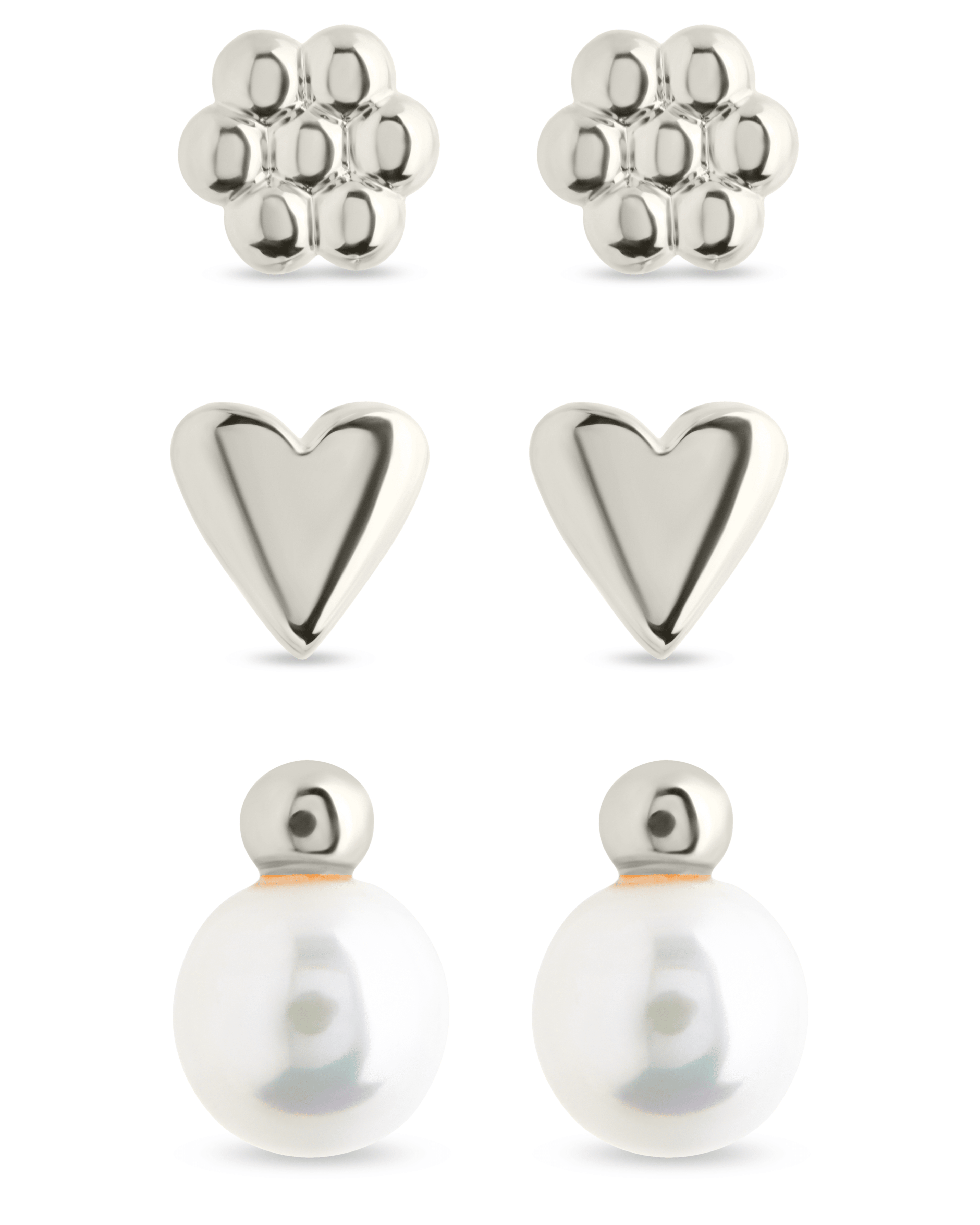Sterling Silver Irene Pearl, Flower, & Heart Stud Earring Set of 3