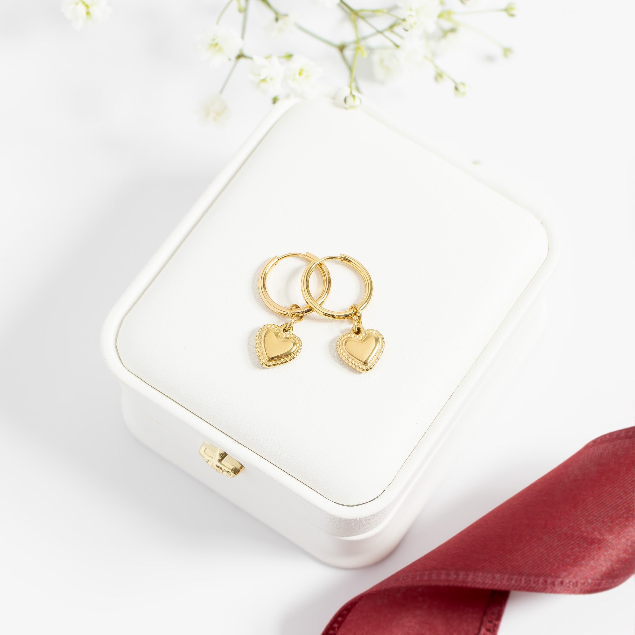 18K Gold PVD Stainless Steel Heart Pendant Hoop Earrings / ERJ0042