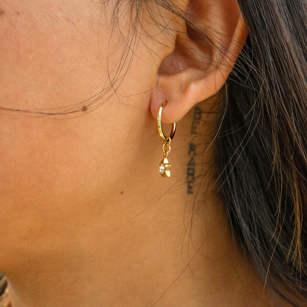 18K Gold Huggie Earrings – Celestial CZ Star Pendant | Hypoallergenic Stainless Steel Hoops