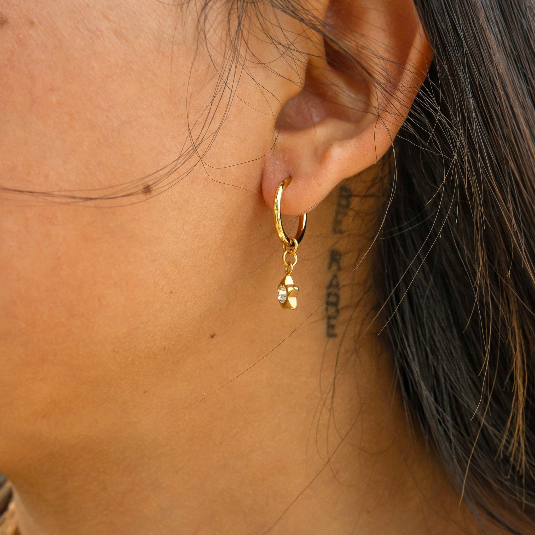 18K Gold Huggie Earrings – Celestial CZ Star Pendant | Hypoallergenic Stainless Steel Hoops
