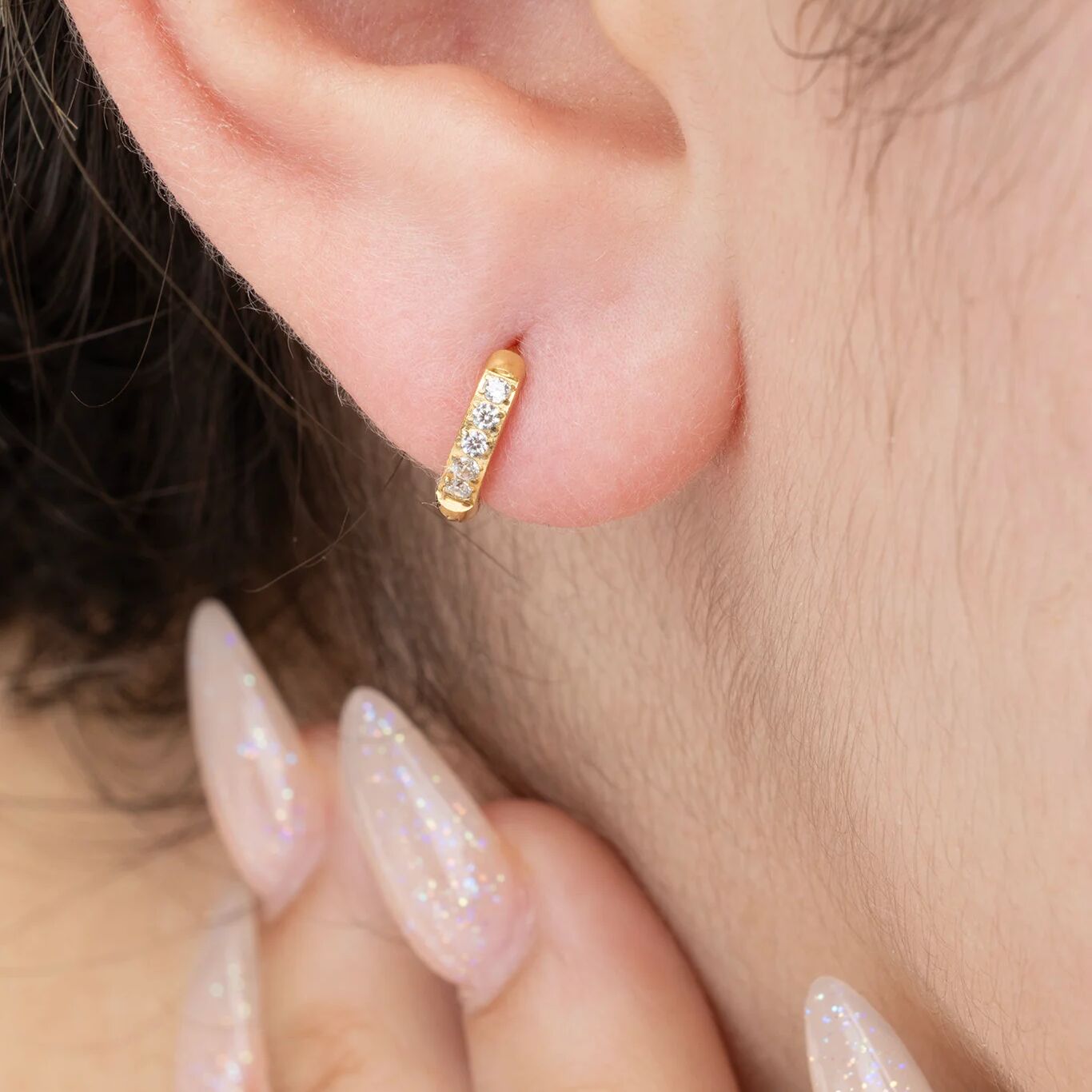 14K Gold Filled PLUS CZ Stone Huggie Earrings - model