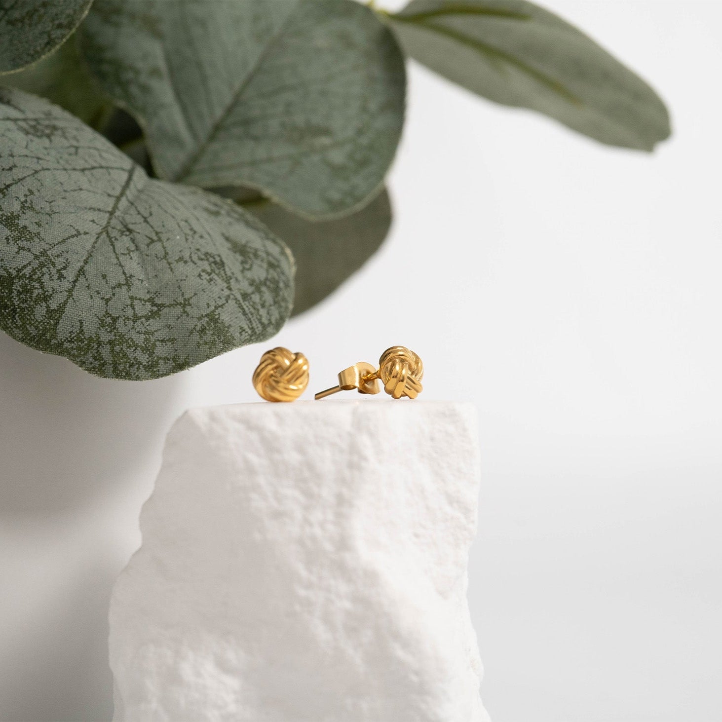 Gold Knot Earrings – 18K Gold PVD Coated Stainless Steel Studs, Hypoallergenic Jewelry
