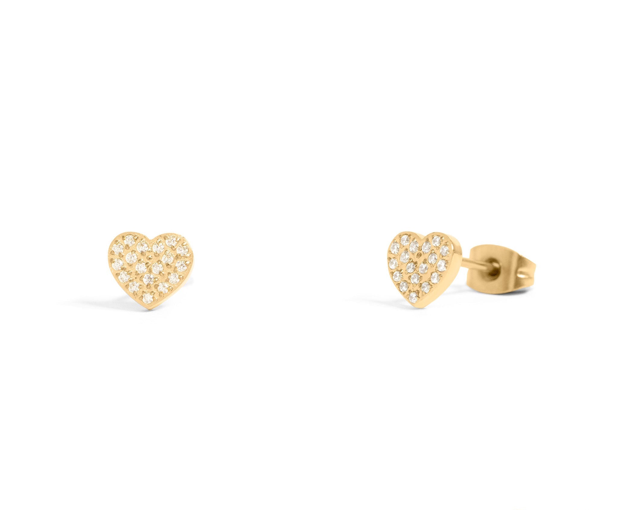 Gold Heart Stud Earrings – 18K Gold Plated Pave Stone Jewelry for Sensitive Skin