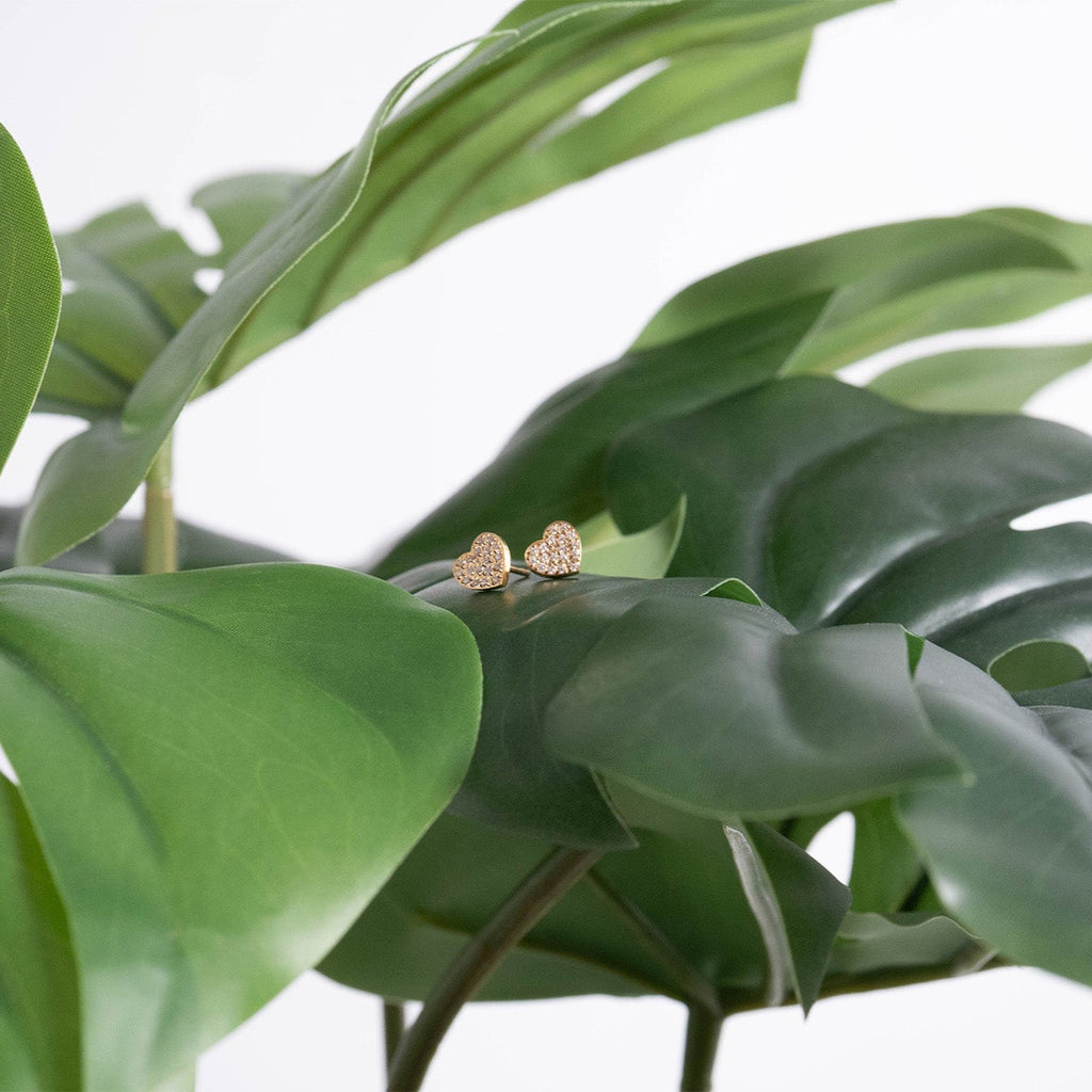 Gold Heart Stud Earrings – 18K Gold Plated Pave Stone Jewelry for Sensitive Skin