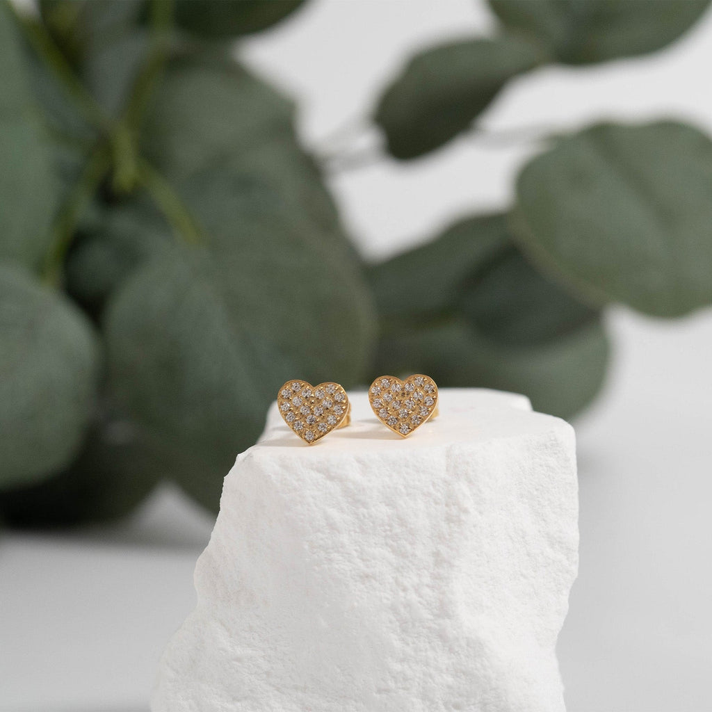 Gold Heart Stud Earrings – 18K Gold Plated Pave Stone Jewelry for Sensitive Skin