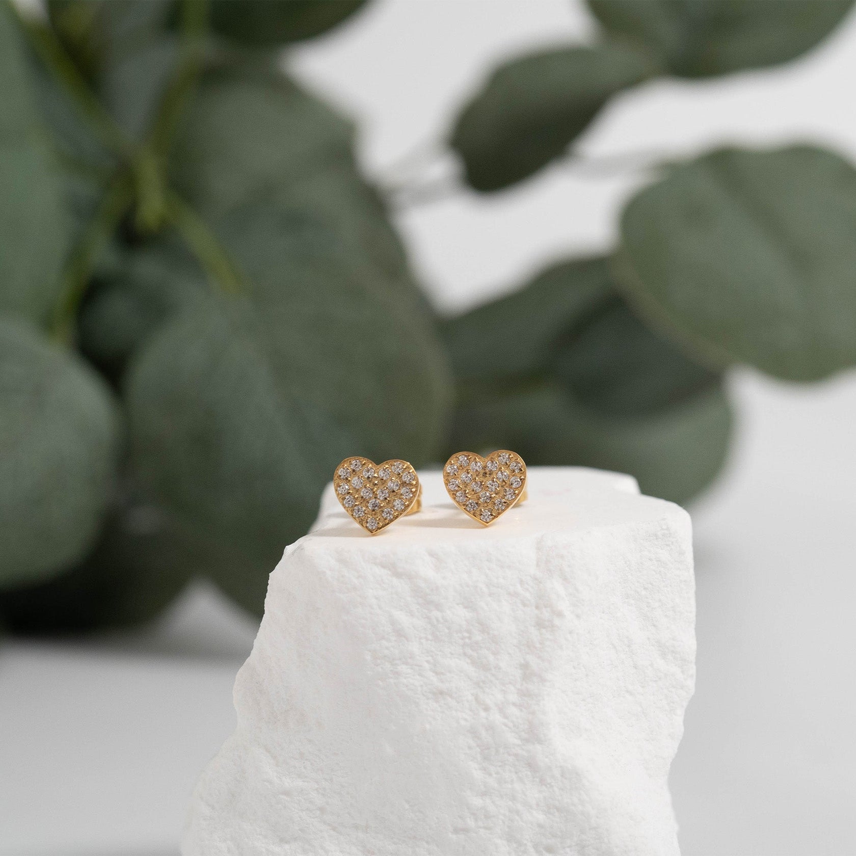 Gold Heart Stud Earrings – 18K Gold Plated Pave Stone Jewelry for Sensitive Skin