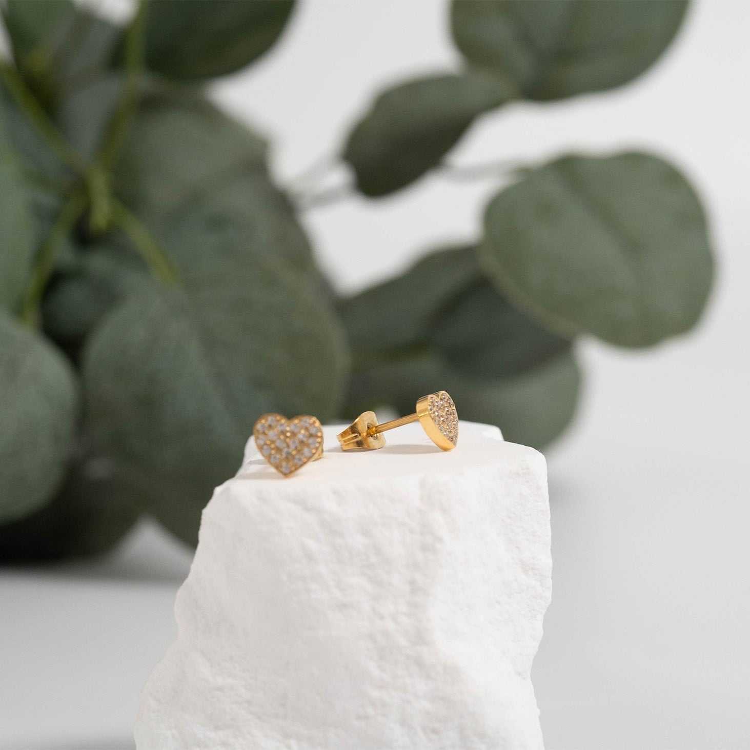 Gold Heart Stud Earrings – 18K Gold Plated Pave Stone Jewelry for Sensitive Skin