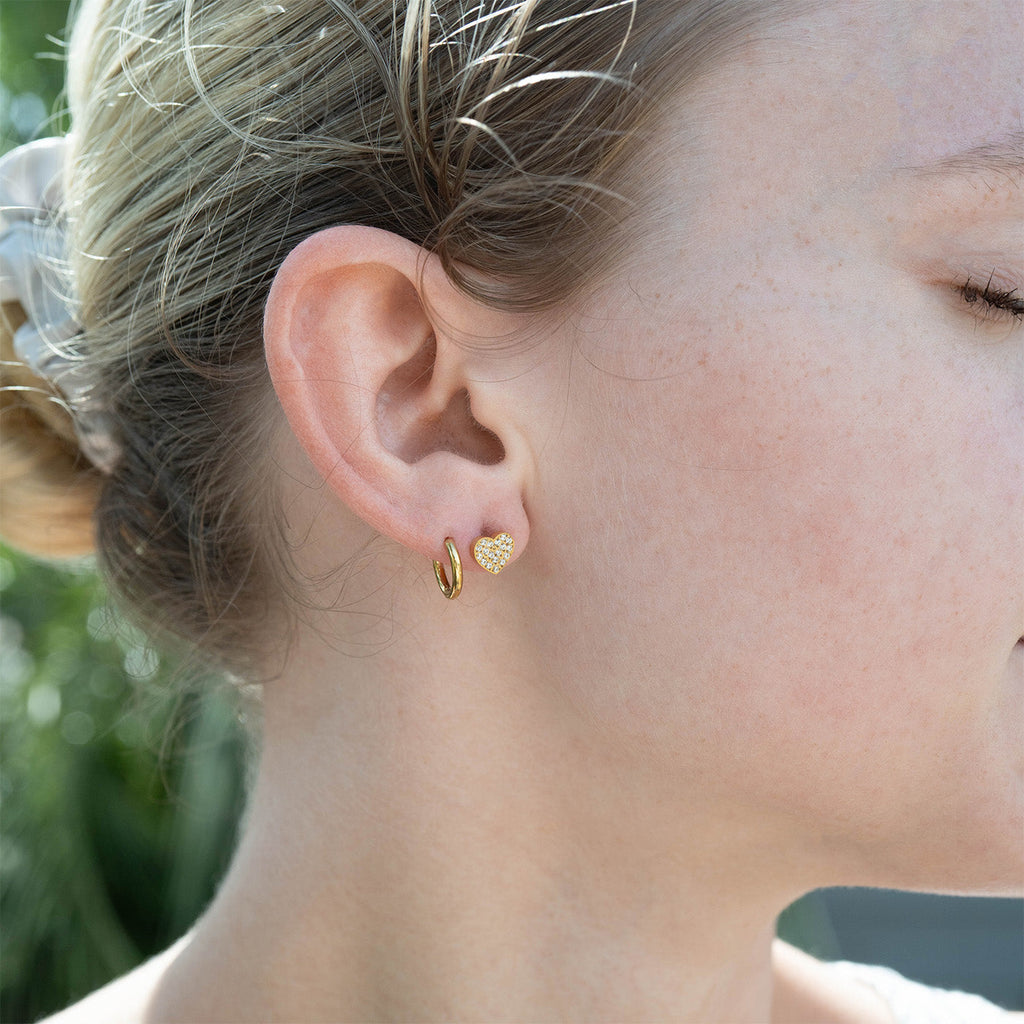 Gold Heart Stud Earrings – 18K Gold Plated Pave Stone Jewelry for Sensitive Skin