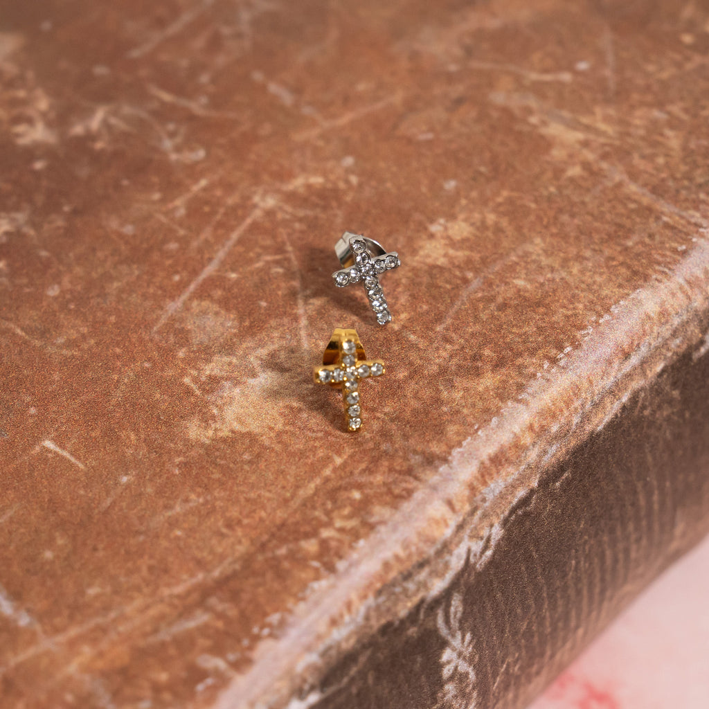 18K Gold Cross Earrings – Hypoallergenic Stainless Steel Stone Studs Jewelry