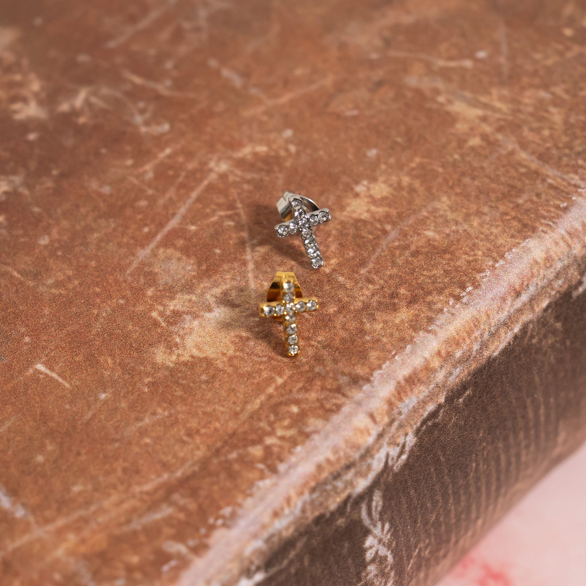 18K Gold Cross Earrings – Hypoallergenic Stainless Steel Stone Studs Jewelry