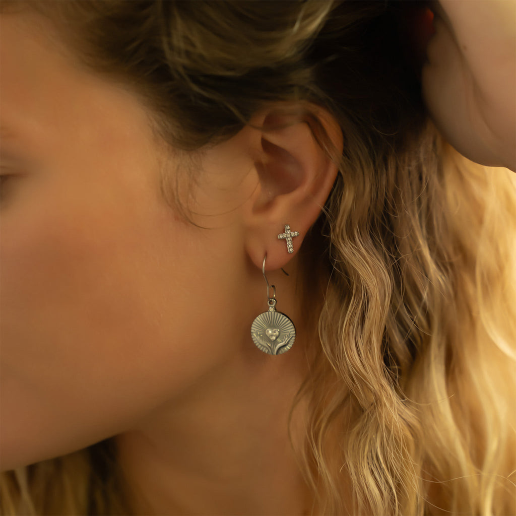 18K Gold Cross Earrings – Hypoallergenic Stainless Steel Stone Studs Jewelry