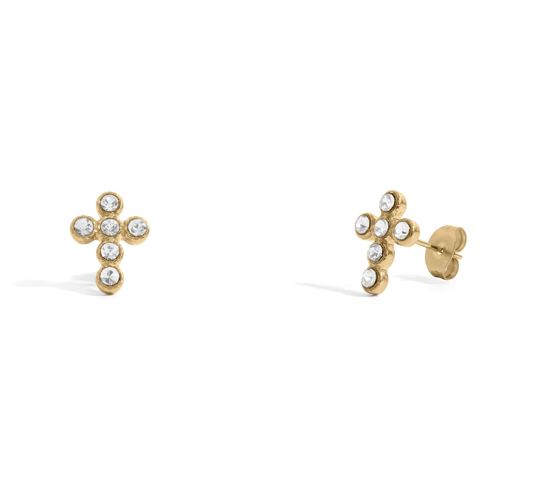 18K Gold Cross Earrings – Hypoallergenic Stainless Steel Studs with Round Stone Accent