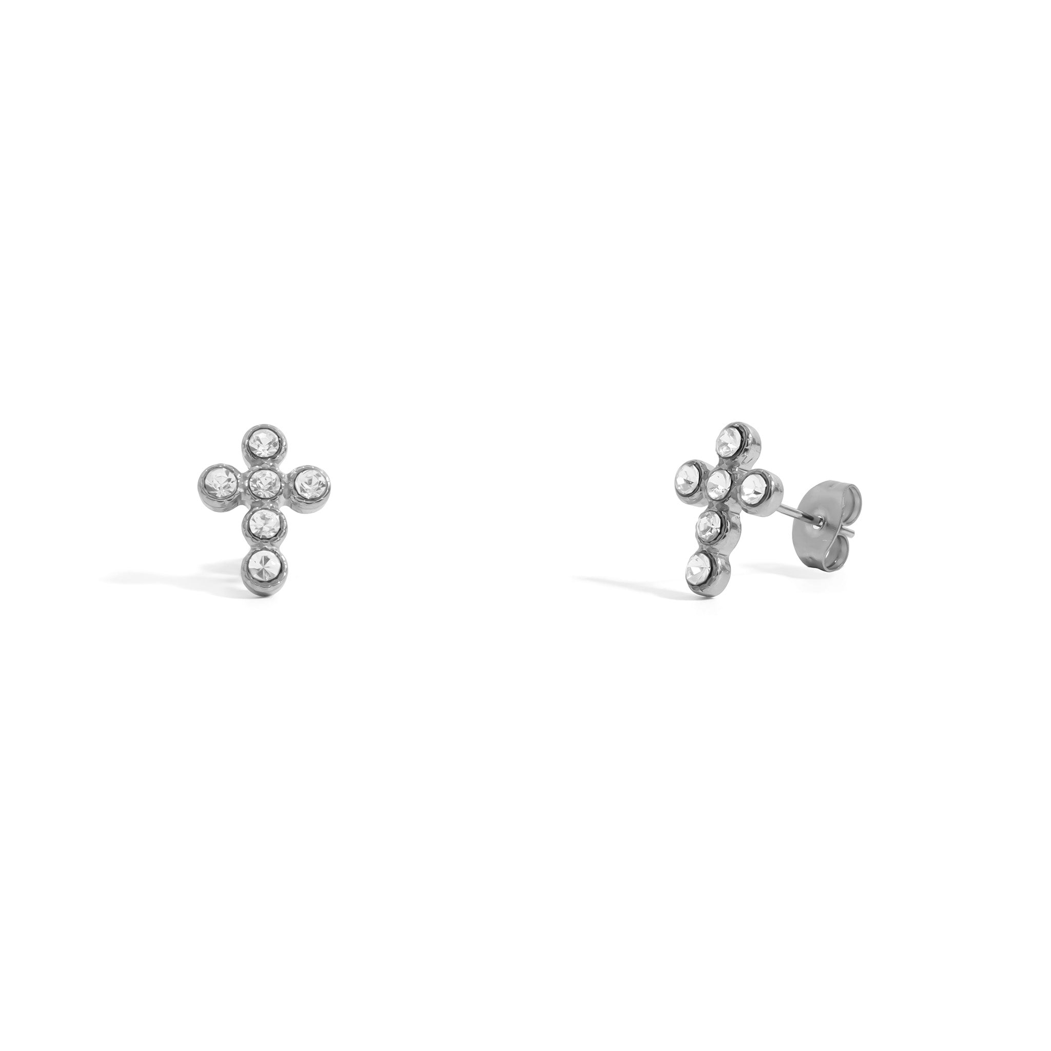 18K Gold Cross Earrings – Hypoallergenic Stainless Steel Studs with Round Stone Accent