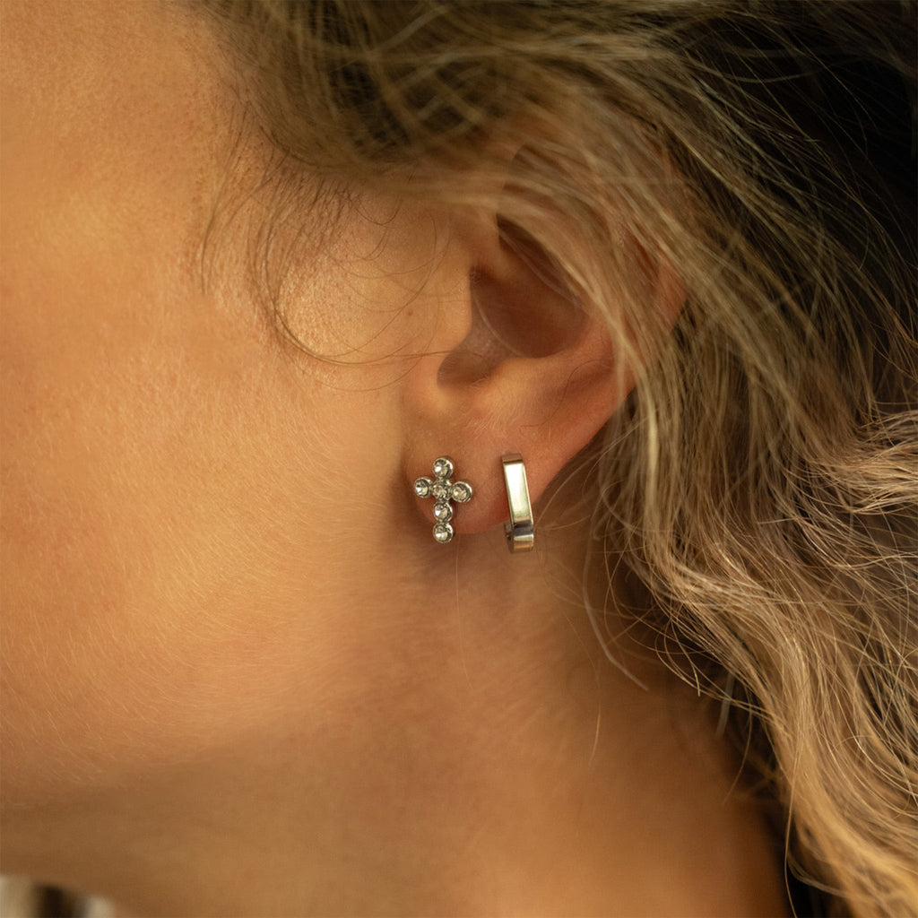 18K Gold Cross Earrings – Hypoallergenic Stainless Steel Studs with Round Stone Accent