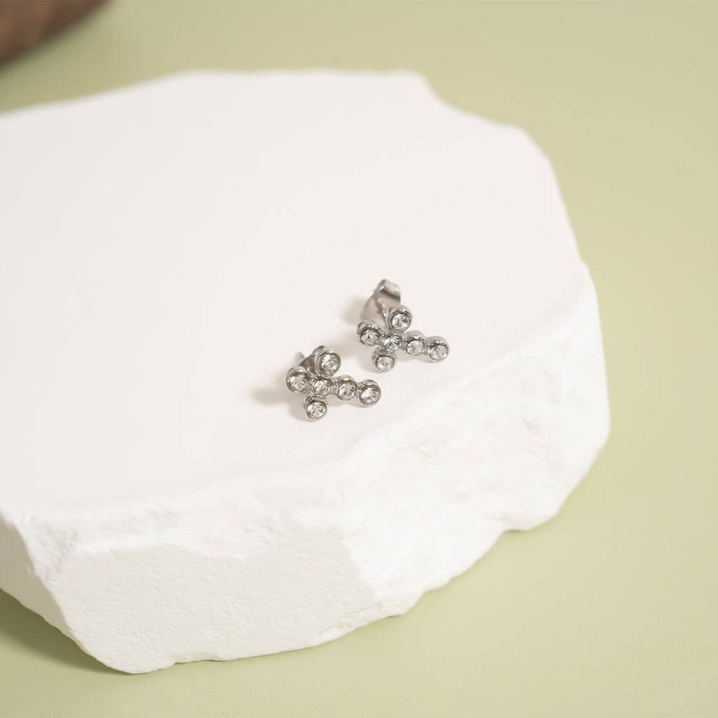 18K Gold Cross Earrings – Hypoallergenic Stainless Steel Studs with Round Stone Accent