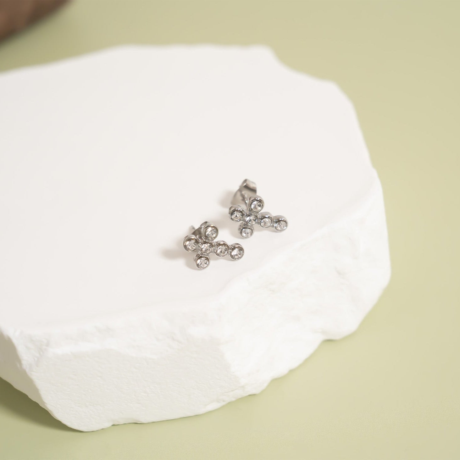 18K Gold Cross Earrings – Hypoallergenic Stainless Steel Studs with Round Stone Accent