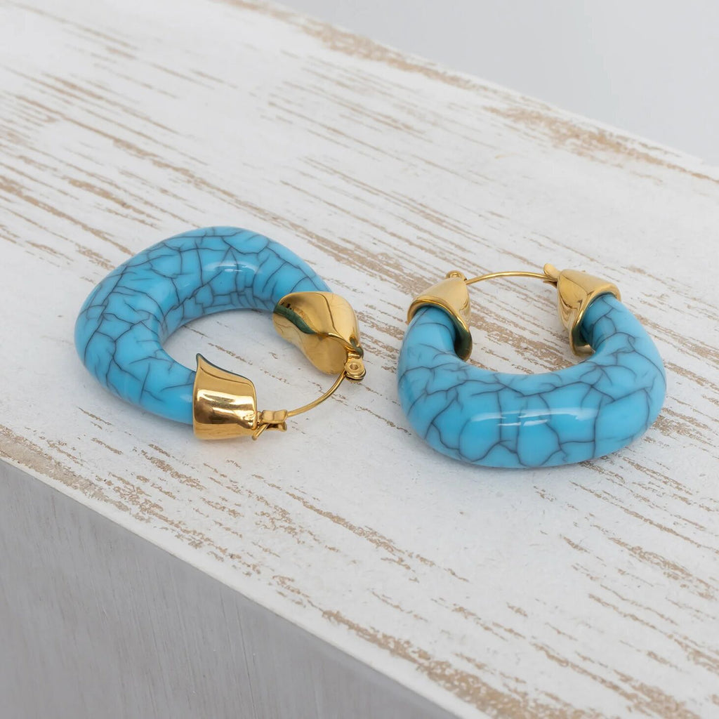 Chunky Hoop Earrings – 18K Gold Stainless Steel Turquoise Statement Hoops