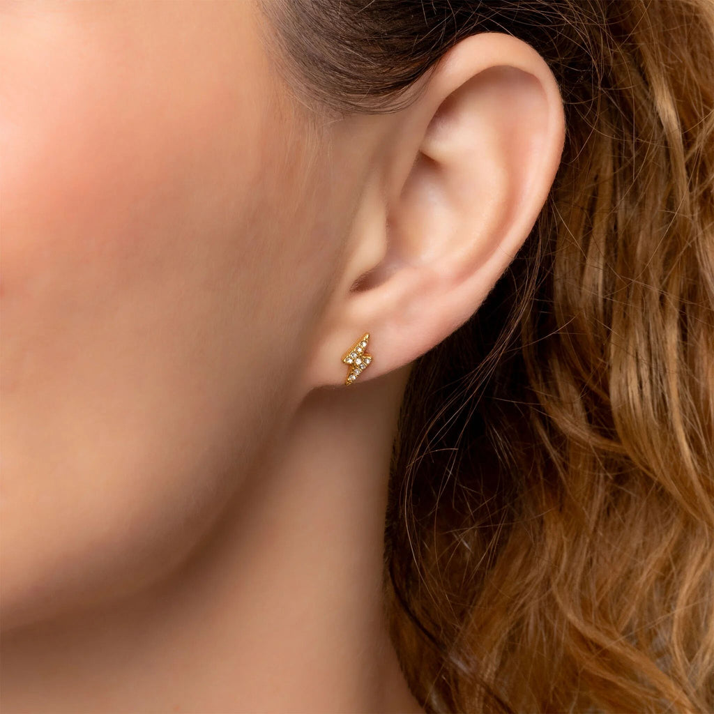 Gold Stud Earrings – 18K Gold Lightning Bolt Petite Stone Studs | Stainless Steel