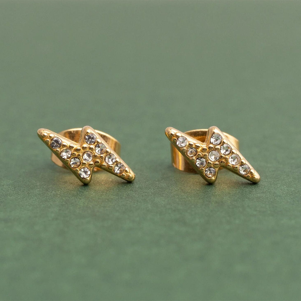 Gold Stud Earrings – 18K Gold Lightning Bolt Petite Stone Studs | Stainless Steel