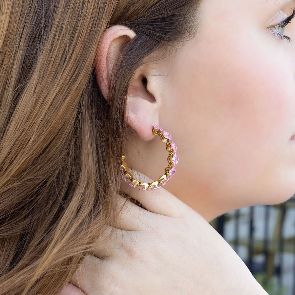 Gold Hoop Earrings – 18K Gold Jewelry Stainless Steel Hoops with Pink Stone