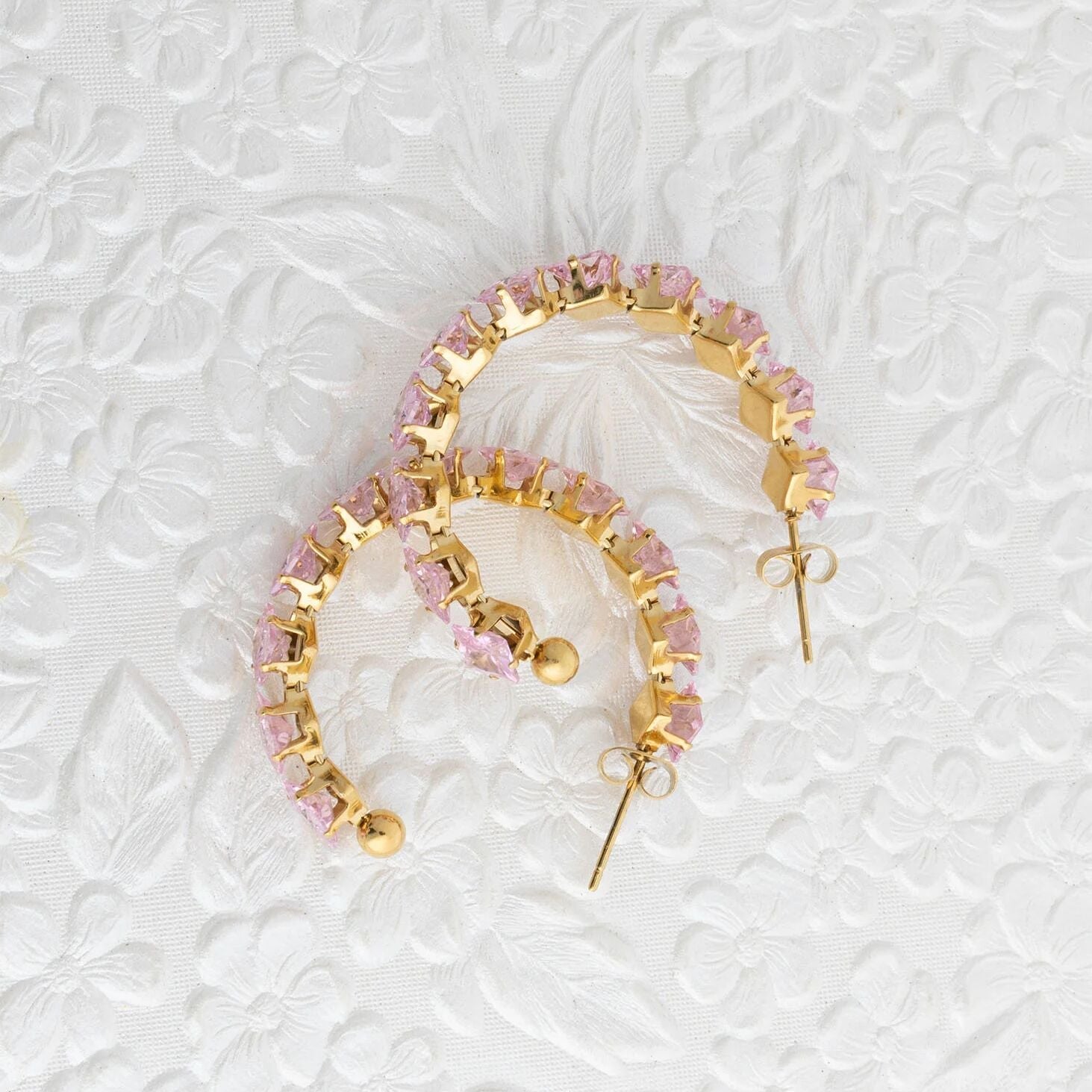 Gold Hoop Earrings – 18K Gold Jewelry Stainless Steel Hoops with Pink Stone