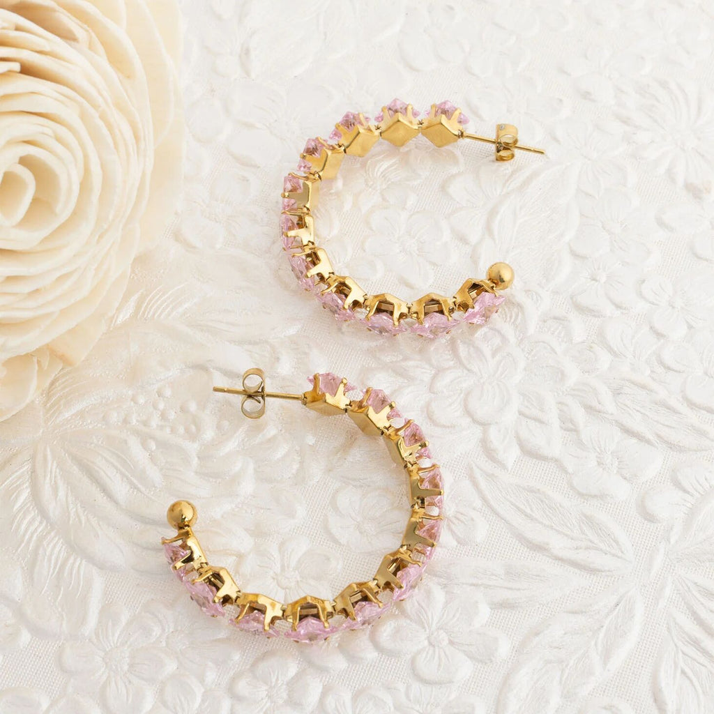 Gold Hoop Earrings – 18K Gold Jewelry Stainless Steel Hoops with Pink Stone