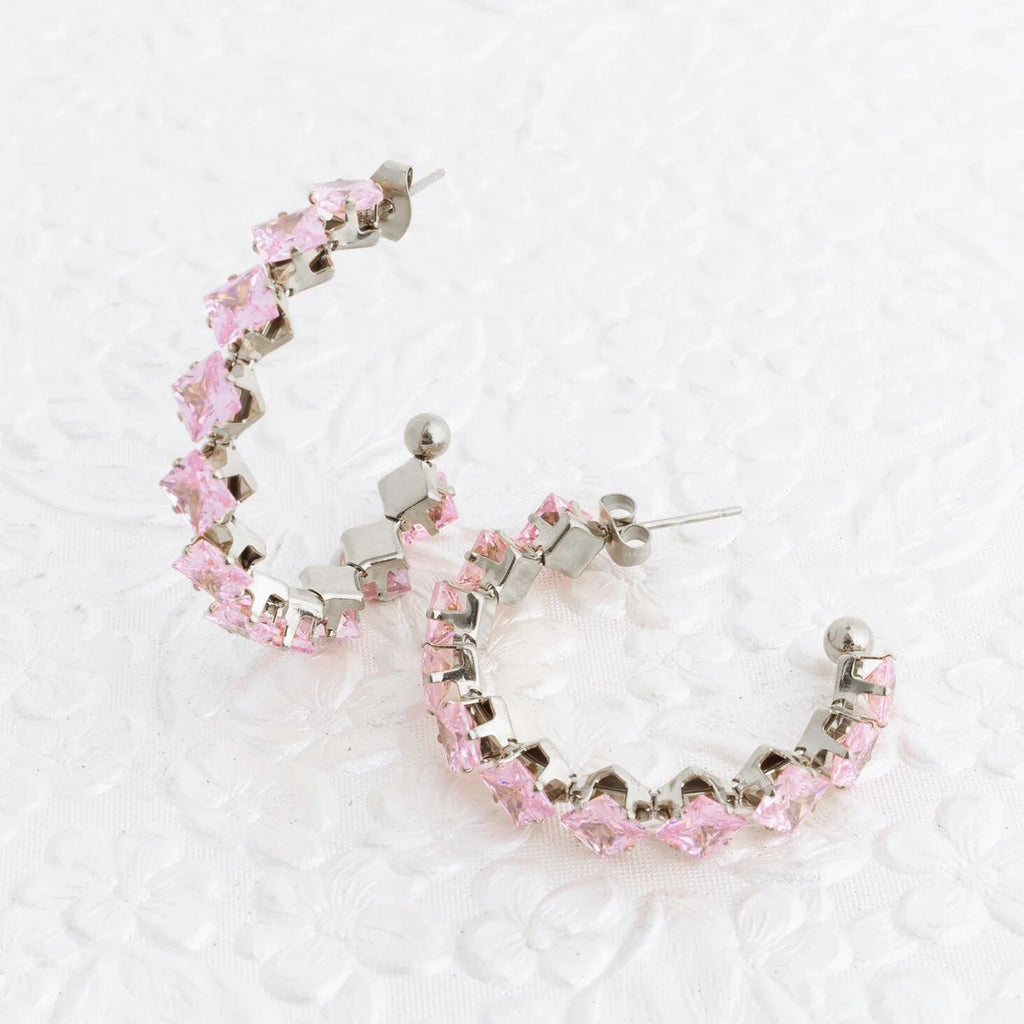 Gold Hoop Earrings – 18K Gold Jewelry Stainless Steel Hoops with Pink Stone