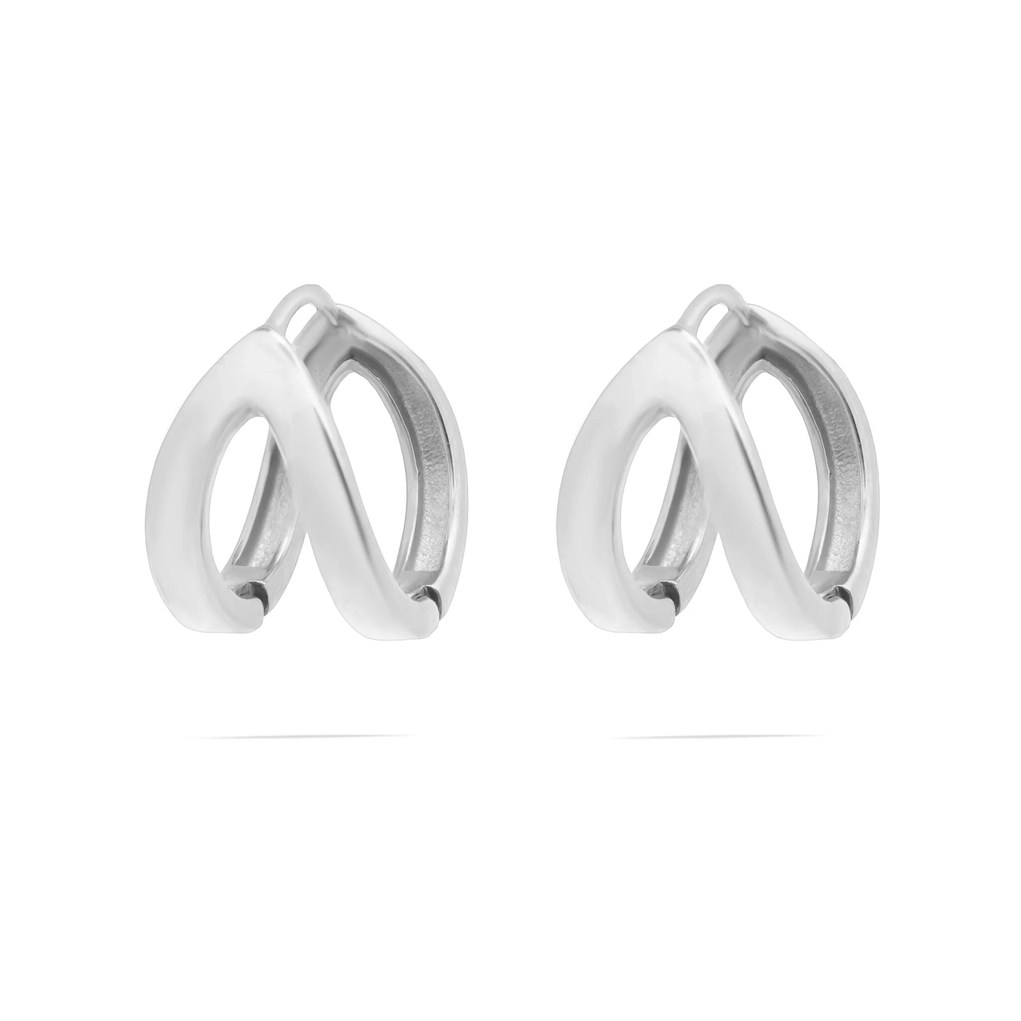 Pair of silver hoop earrings on a white background