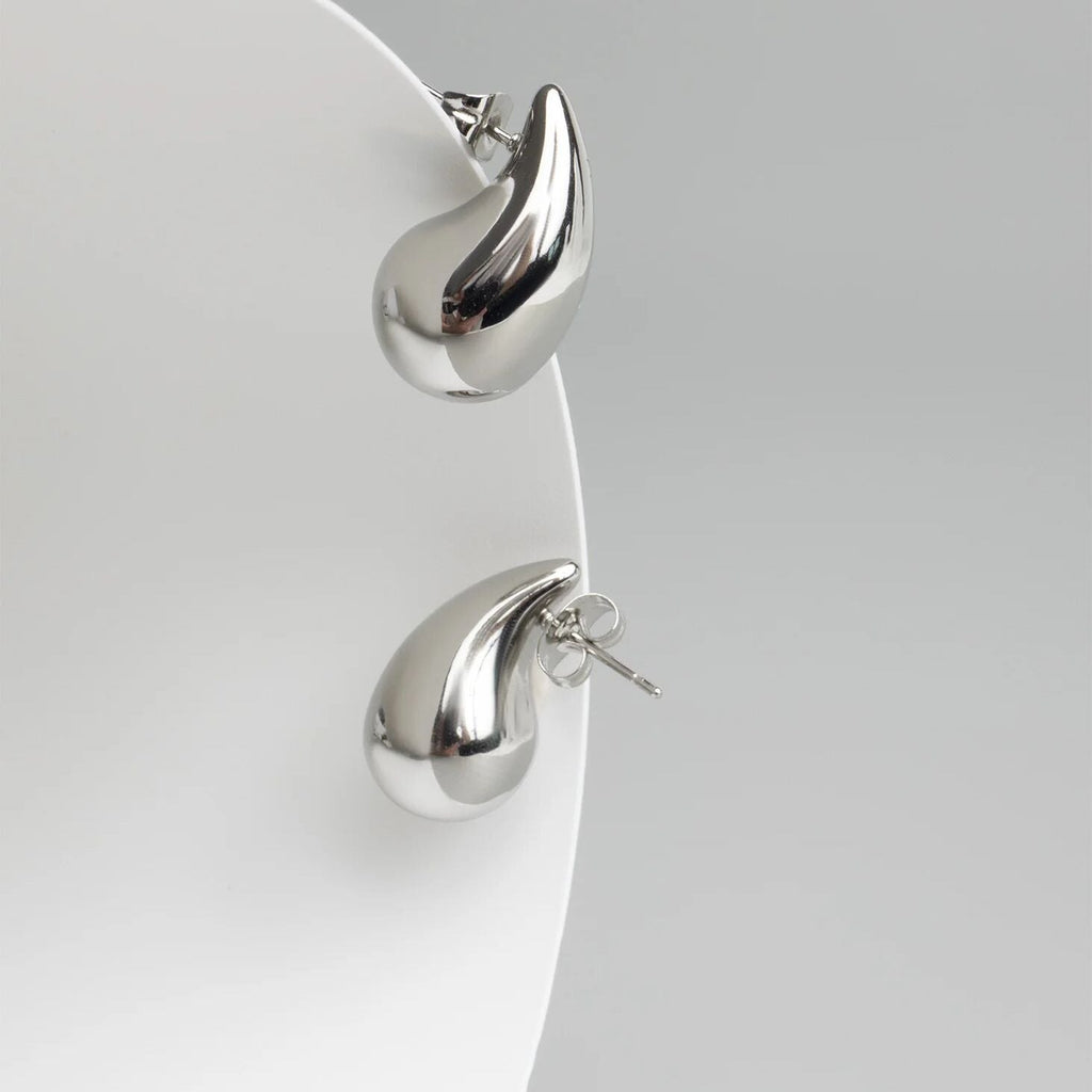 Pair of silver earrings on a light gray background
