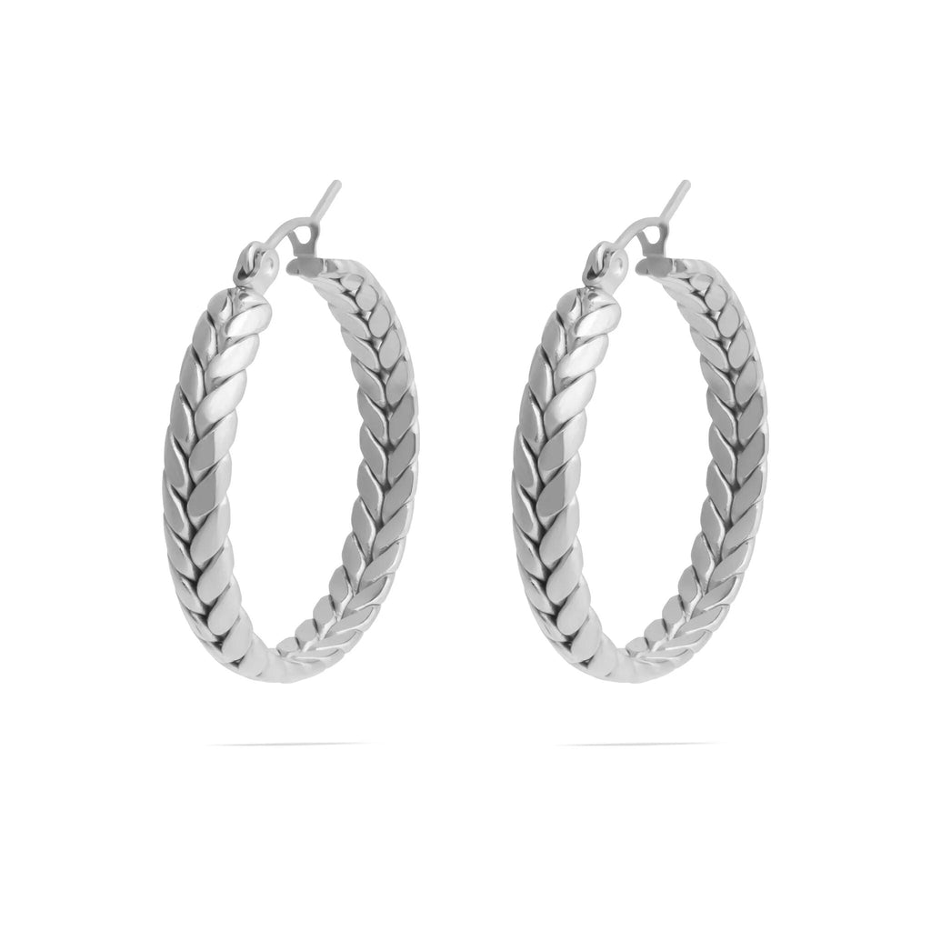 Pair of silver Braided Hoop Earrings with braided design on a white background