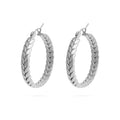 Pair of silver Braided Hoop Earrings with braided design on a white background