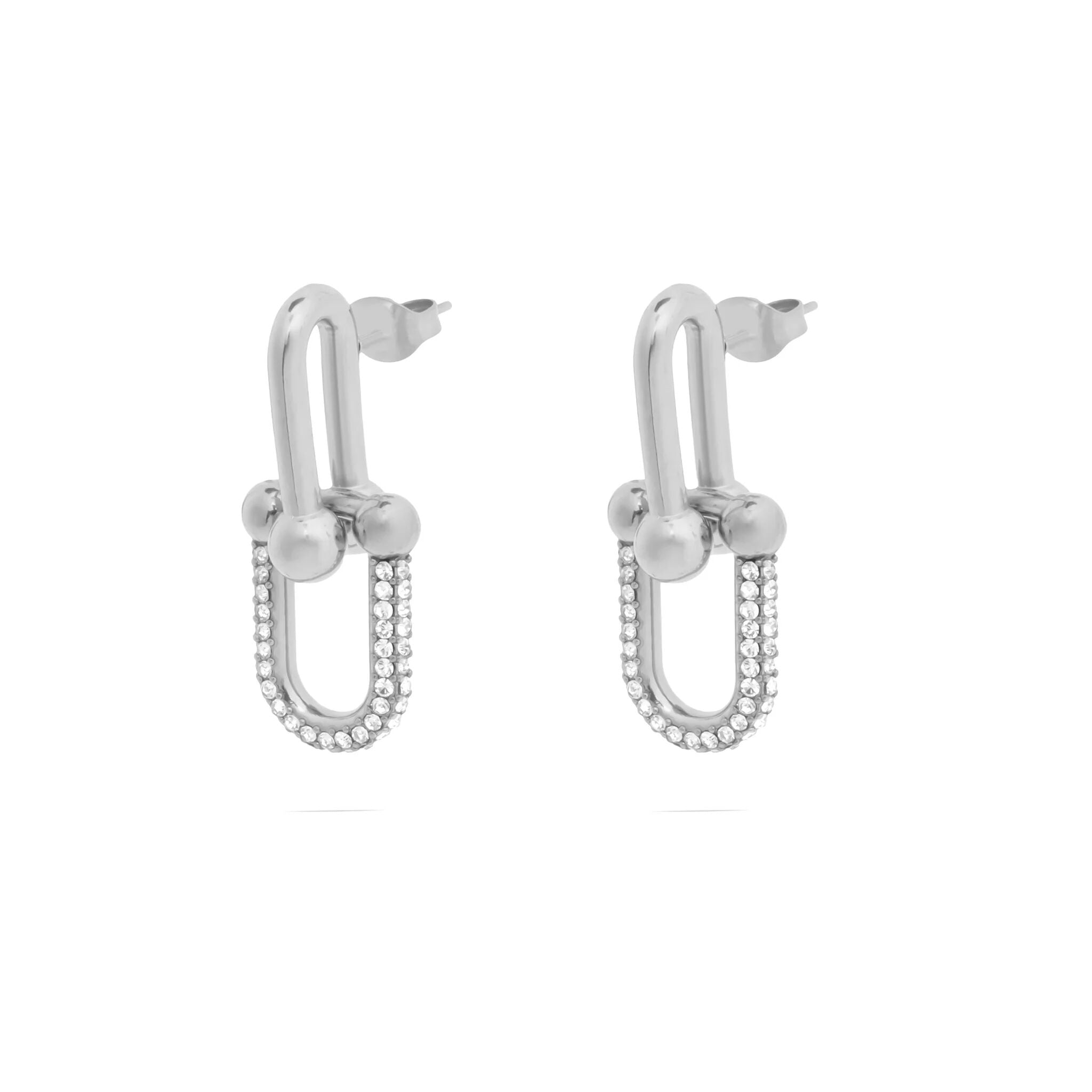 Pair of silver hoop earrings with small beads on a white background