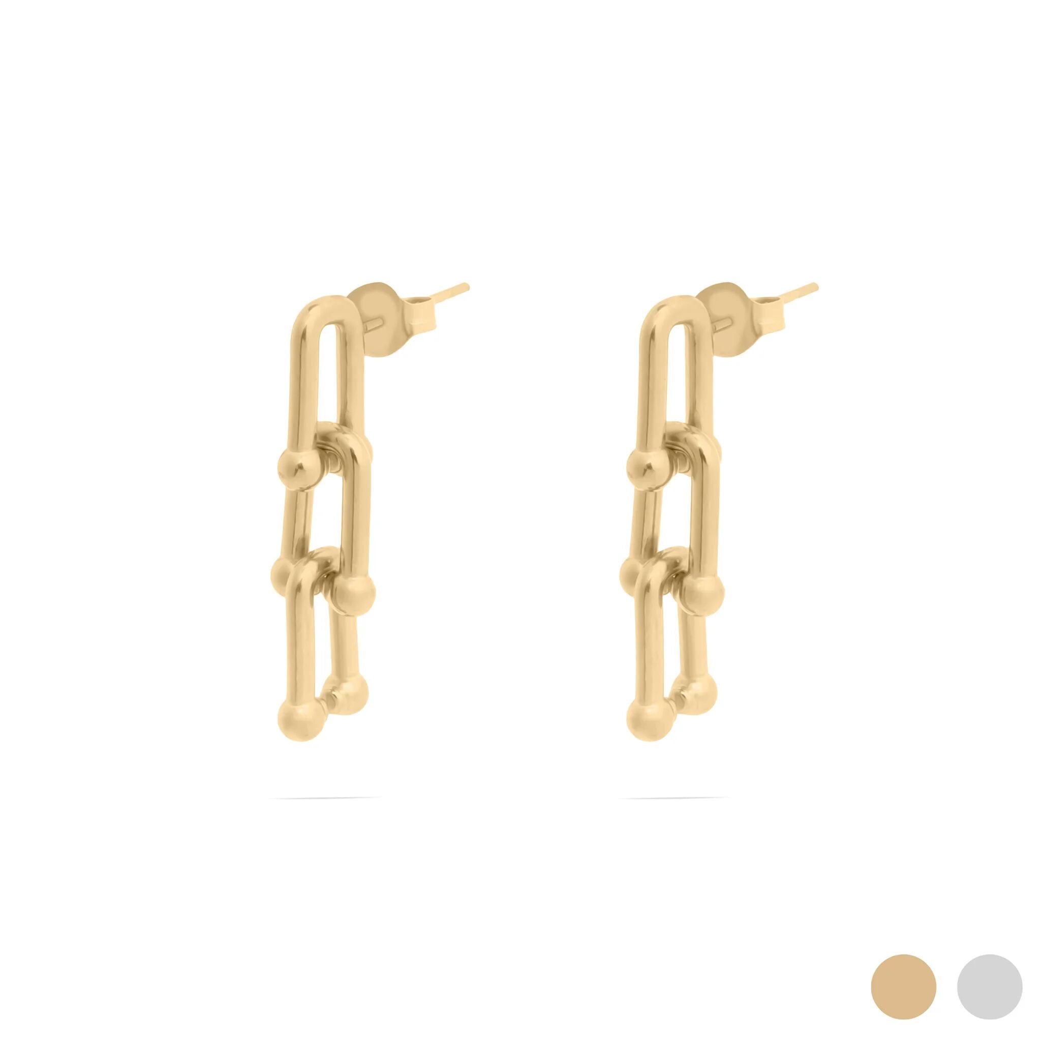 Gold chain-style earrings on a white background