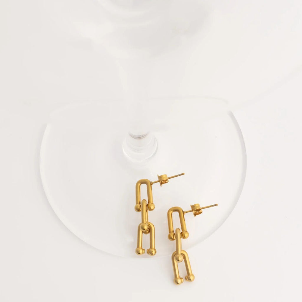 Gold chain-style earrings on a white background
